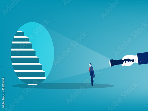 Human hand holding flashlight  stairs  direct walking forward business goal concept vector illustrator.