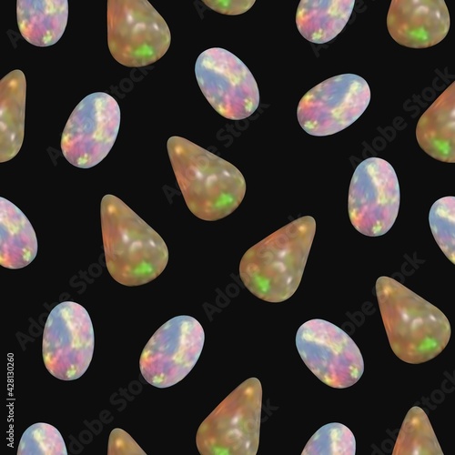 Seamless abstract pattern of precious stones on a black background. Abstraction with opals seamless vector pattern. Aesthetic crystal on a dark background.