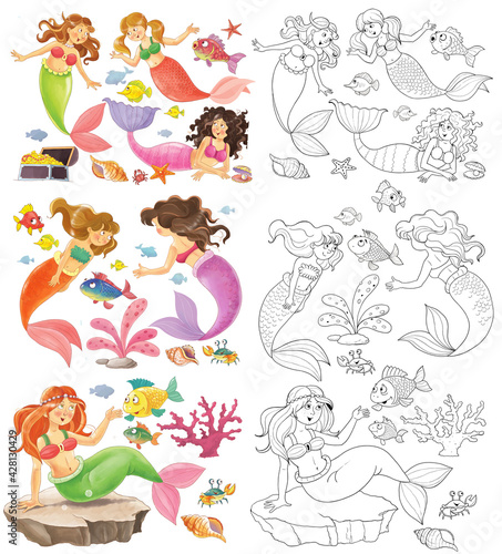 The little mermaid. Fairy tale. Coloring page. Illustration for children. Cute and funny cartoon characters