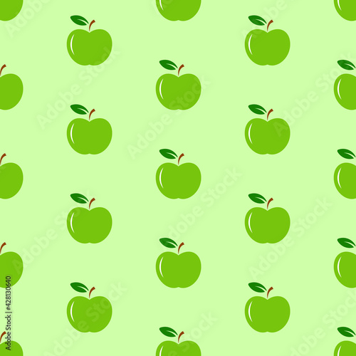 Green apples with green leaves on light green background, seamless pattern 