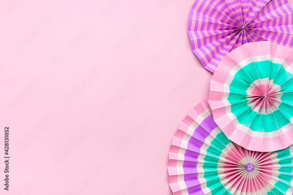 Traditional Japaneses festival paper fan with pink, turquoise, white stripes Birthday party, celebration holidays concept Abstract background Wall decor Banner - obrazy, fototapety, plakaty 