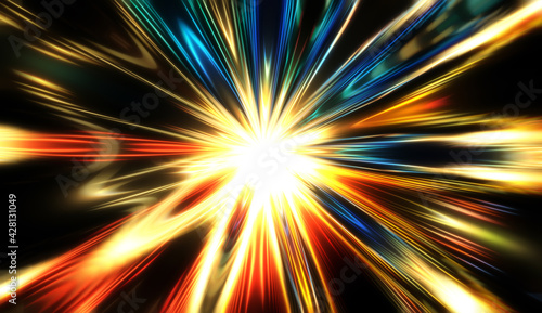 Explotion of glowing star. Dynamic colorful background image. Glow lights wallpaper.