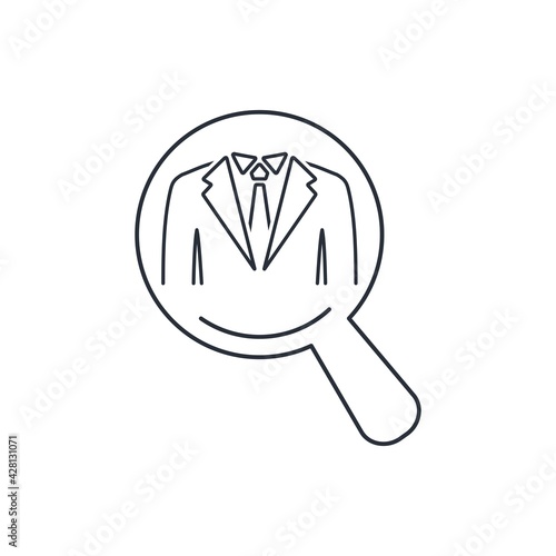 A man under a magnifying glass. Study human activities. Find out the truth about politics, businessman. Vector linear icon isolated on white background.