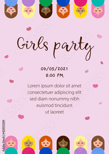 Invitation card template for girls party, hen party, pajamas party and others, with figures of girls on borders, on pink background 