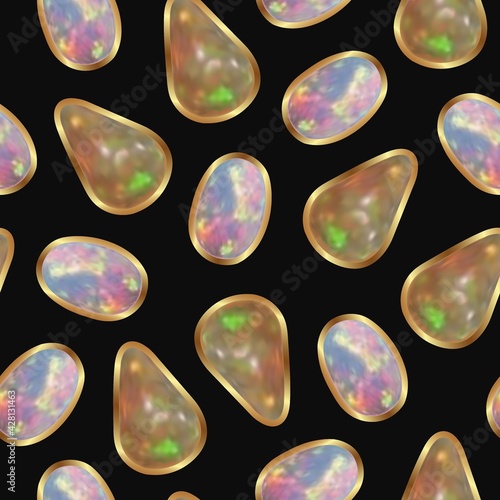 Gems in a gold setting on a black background. Seamless vector pattern from emeralds and opals with gold on a dark background. For the design of fabric, wallpaper or wrapping.