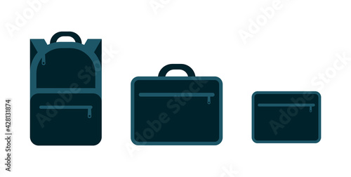 Laptop backpack, bag and tablet sleeve. Set of three blue fashionable protective bags. Safe carrying bags for electronic devices. Modern briefcase with zipper. Vector illustration, flat, clip art. 