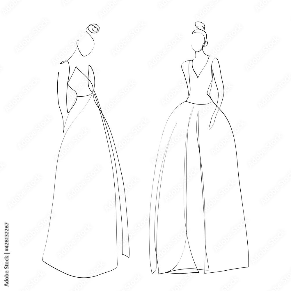 Fashion women wearing long dress drawing with lines, vector illustration, minimalist, ideal for t-shirt, print design, covers, web Fashion women wearing long dress drawing with lines, vector illustration, minimalist, ideal for t-shirt, print design, covers, web