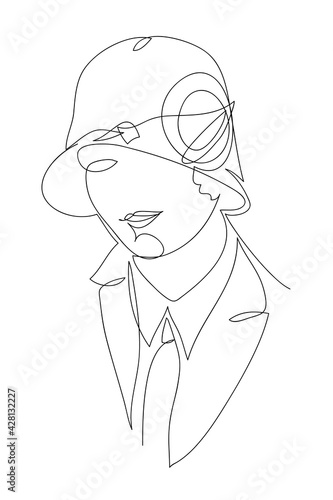 Abstract female face drawing with lines in vintage style of the 20s (20th century), quick sketch, fashion illustration, woman beauty minimalist