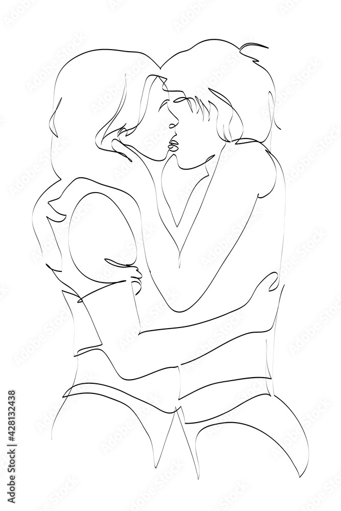 Kiss. Two faces drawing with lines, beauty and love concept, minimalist, vector illustration for t-shirt, print design, covers, web