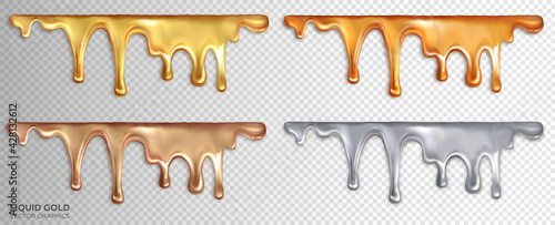 A set of liquid sticky gold, rose gold, silver and bronze. Drops of precious metals. Realistic 3d vector design