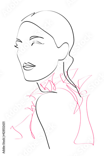 Abstract female face drawing with lines, quick sketch, fashion illustration, woman beauty minimalist, vector illustration for t-shirt, print design, covers, web