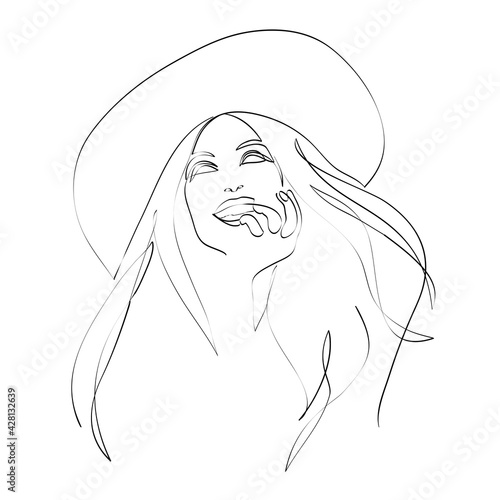 Abstract woman in hat drawing with lines, quick sketch, fashion illustration, female beauty minimalist, vector illustration for t-shirt, print design, covers, web