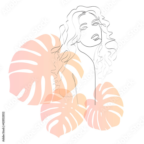Abstract female face with tropical leaves drawing with lines, quick sketch, fashion concept, woman beauty minimalist, vector illustration for t-shirt, print design, covers, web