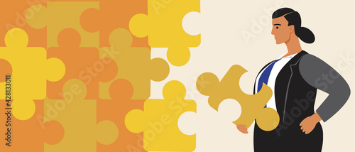 Equality businesswoman with puzzle, flat vector stock illustration with feminist woman, financial equality in business