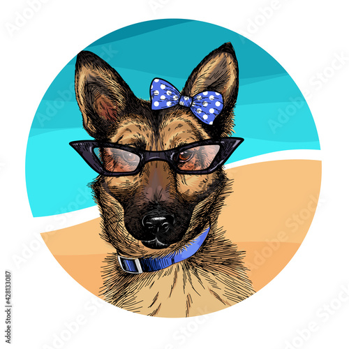 Vector portrait of german shepherd dog wearing sunglasses and retro bow. Summer fashion illustration. Vacation, sea, beach, ocean. Hand drawn pet portait. Poster, t-shirt print, holiday, postcard.