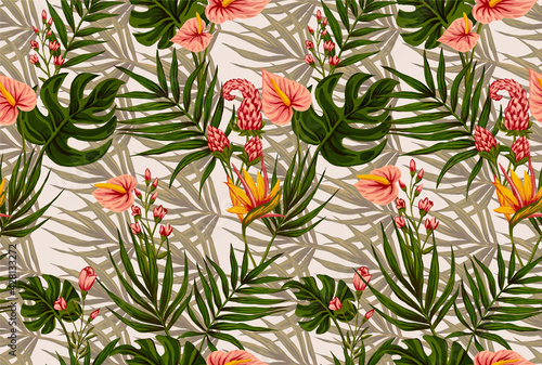 Seamless pattern of gouache-painted leaves of Hawaiian herbs and trees. Trending botanical background with tropical plants © miracle15