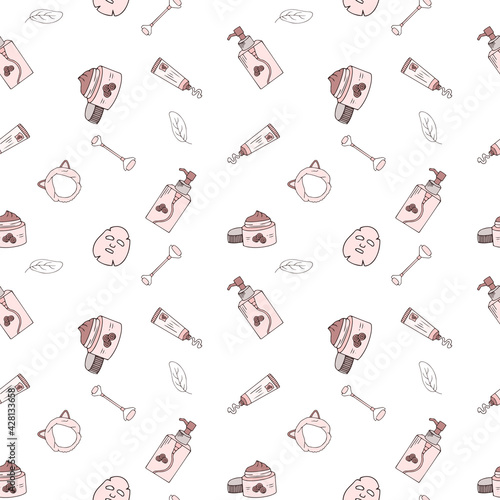 Skin care cosmetics seamless pattern. Mask, cream, massager in pastel colors. Endless texture for the beauty sphere