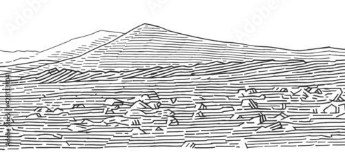 Martian landscape monochrome line drawing. Desert on Mars sketch, vector. 