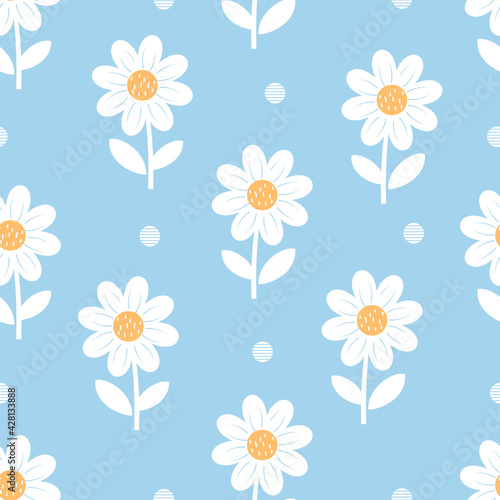Seamless pattern with daisy flower and dots on blue background vector illustration. Cute floral print.