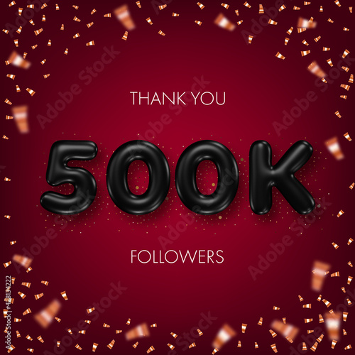 Thank you followers. Social media achievement poster with black 3d numbers and confetti on dark red background