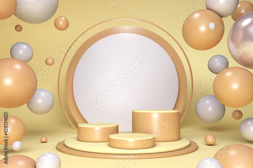 Minimal 3D studio podium for product presentation. Yellow round pedestal with spheres and bubbles ball on pastel colors background.