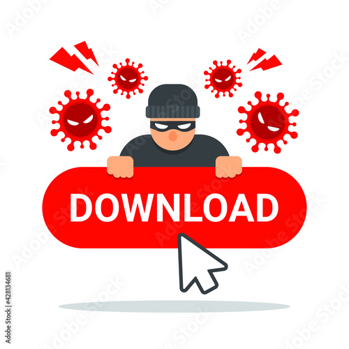 Cursor point on the dangerous download button. Creative concept of downloading malware, virus, trojan, or hacking. Cute vector illustration with the flat style. Modern graphic design icon element.