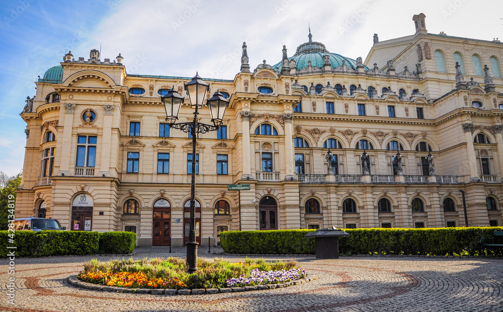 KRAKOW, POLAND - MAY 13, 2019: The ornate architecture of the Juliusz Slowacki theatre in Krakow old town in Poland. Space for text.