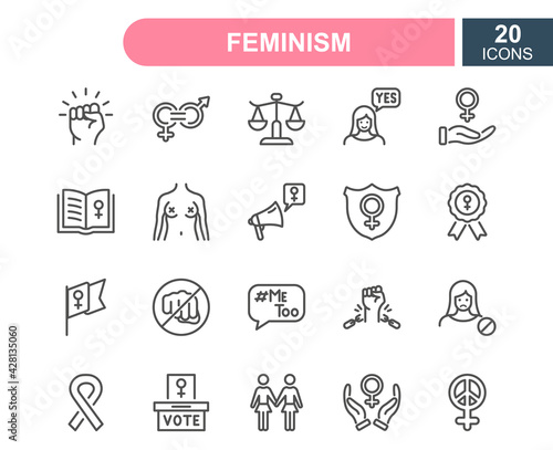 Feminism line icons set. Empowerment Girl  Gender Equality  Rights of Women  Girl Power  Sex Discrimination  Me Too  Protest line icons. Feminism outline concept. Editable stroke. Vector illustration