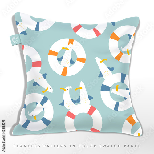 Vector Seamless Cute Seagull and Buoy Cartoon Pattern in Pastel Colors.
