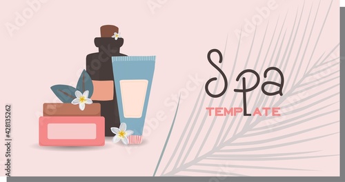 Advertising template for spa salon. Beauty salon horizontal banner. Personal care and cosmetics concept. Relaxation and massage. Cosmetics and items discount. Vector illustration.