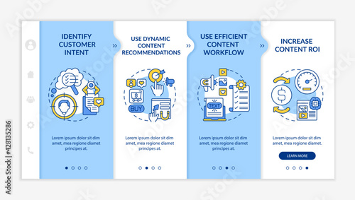 Smart content creation tips onboarding vector template. Responsive mobile website with icons. Web page walkthrough 4 step screens. Digital marketing color concept with linear illustrations