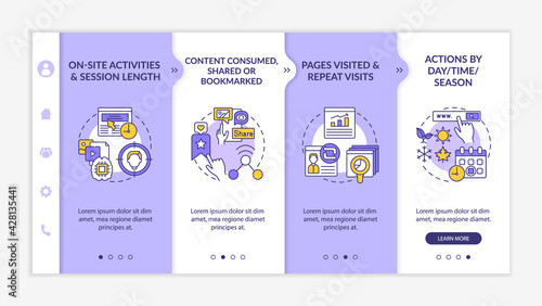 User behaviour analytics onboarding vector template. Responsive mobile website with icons. Web page walkthrough 4 step screens. Digital marketing color concept with linear illustrations