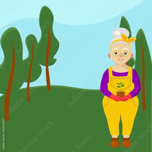 An elderly woman in the forest. Grandmother. Old woman character. Leisure of pensioners. Vector illustration