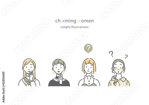 シンプルでおしゃれな若い女性の線画イラストセット　はてな　考える
