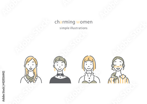 シンプルでおしゃれな若い女性の線画イラストセット　笑顔