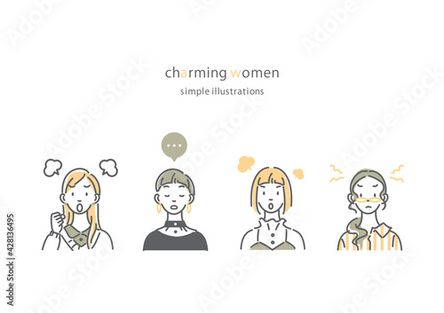 シンプルでおしゃれな若い女性の線画イラストセット　怒る　不満