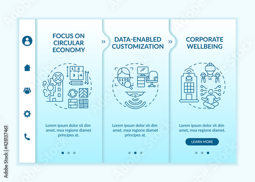 Future office design onboarding vector template. Responsive mobile website with icons. Web page walkthrough 3 step screens. Customization, eco-friendly trend color concept with linear illustrations