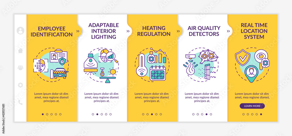 Future smart office onboarding vector template. Responsive mobile website with icons. Web page walkthrough 5 step screens. Employee identity, heating regulation color concept with linear illustrations