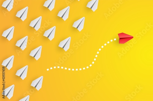 Individuality concept. Individual and unique leader red paper plane flies to the side. Think different. Vector