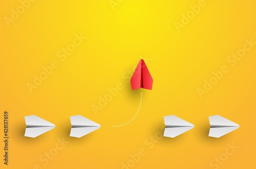 Individuality concept. Individual and unique leader red paper plane flies to the side. Think different. Vector