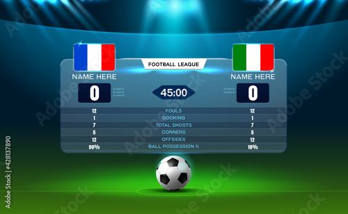 soccer football stadium spotlight and scoreboard background with glitter light