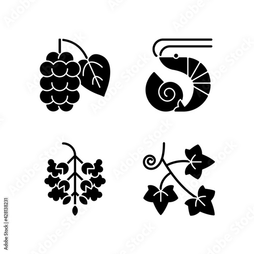Seasonal allergen causes black glyph icons set on white space. Mulberry on branch. Crustacean and mollusc. Poplar tree pollen. English ivy. Silhouette symbols. Vector isolated illustration