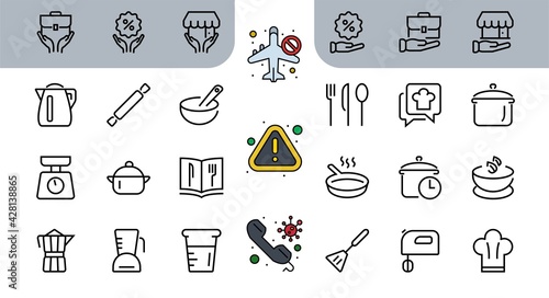 Set of icons for cooking and kitchen, vector lines, contains icons such as a knife, saucepan, boiling time, mixer, scales, recipe book. Editable stroke, perfect 480x480 pixels, white background