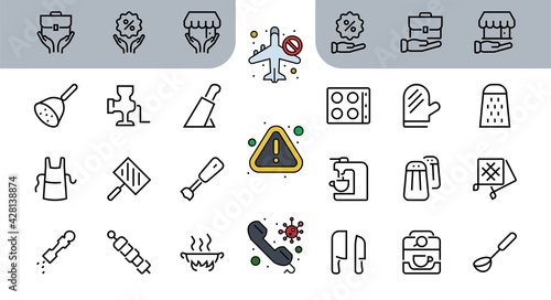 KITCHEN ICON Cooking process, Kitchen tools, Icon set, thin line vector has a blender, oven, knife, grater, barbecue, apron, barbecue, grill, coffee machine, kitchen glove, Editable stroke