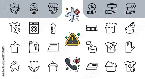 Simple set of washing related vector line Icons. Contains icons such as washing machine, powder, laundry, dirty t-shirt and much more. On a white background, editable stroke. 48x48 pixels perfect