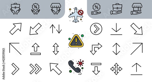 Set of line arrows, directions, arrows, contains icons such as pause, continuation, directly, to the right, Editable stroke. 480x480, On a white background, Vector illustration