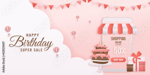 Discount shop online, pink Birthday sale banners on mobile with cake paper cut and papercraft style. Celebration Happy birthday sale voucher template.	

