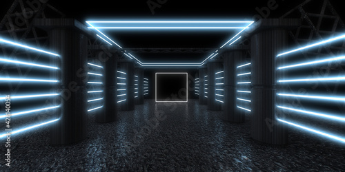 Fototapeta Naklejka Na Ścianę i Meble -  3D abstract background with neon lights. neon tunnel .space construction . 3d illustration