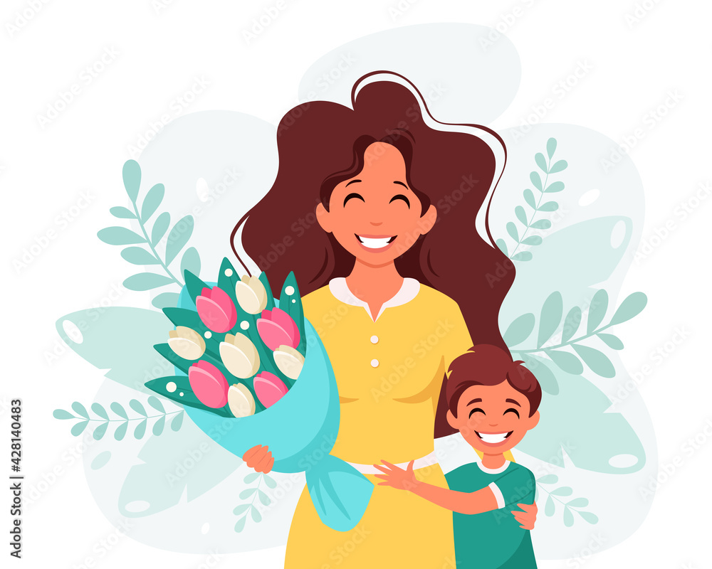 Mother's day greeting card. Woman with bouquet of flowers and son. Vector illustration Mother's day greeting card. Woman with bouquet of flowers and son. Vector illustration