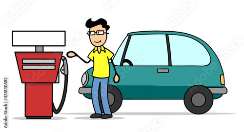 Cartoon Autofahrer mit Auto beim Tanken an Tankstelle Stock Illustration